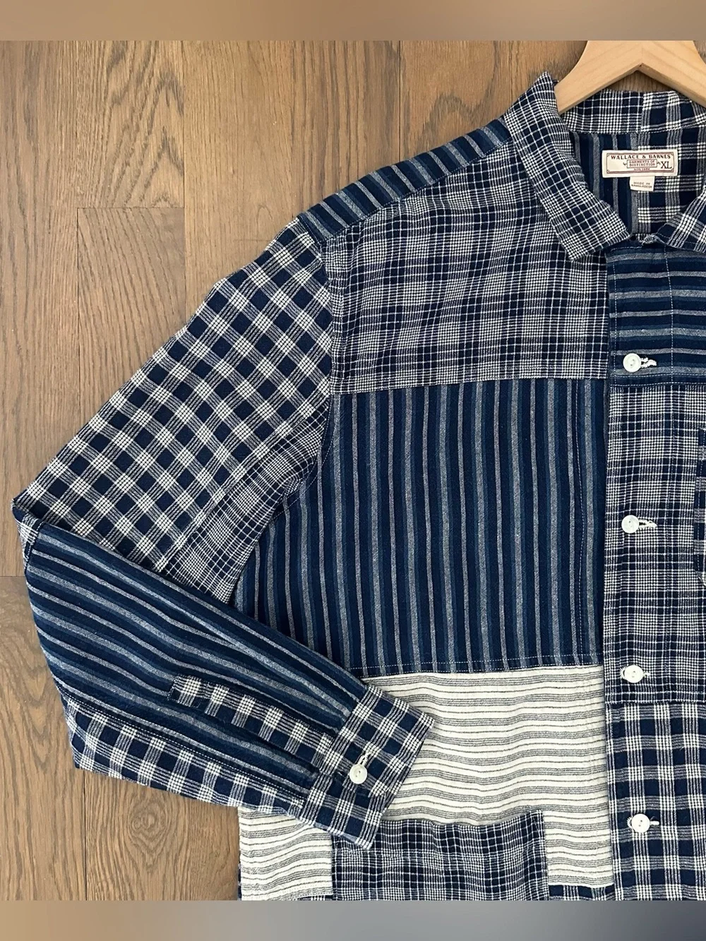 Wallace & Barnes Plaid Striped Patchwork Cotton Chore Coat Indigo Blue, White XL
